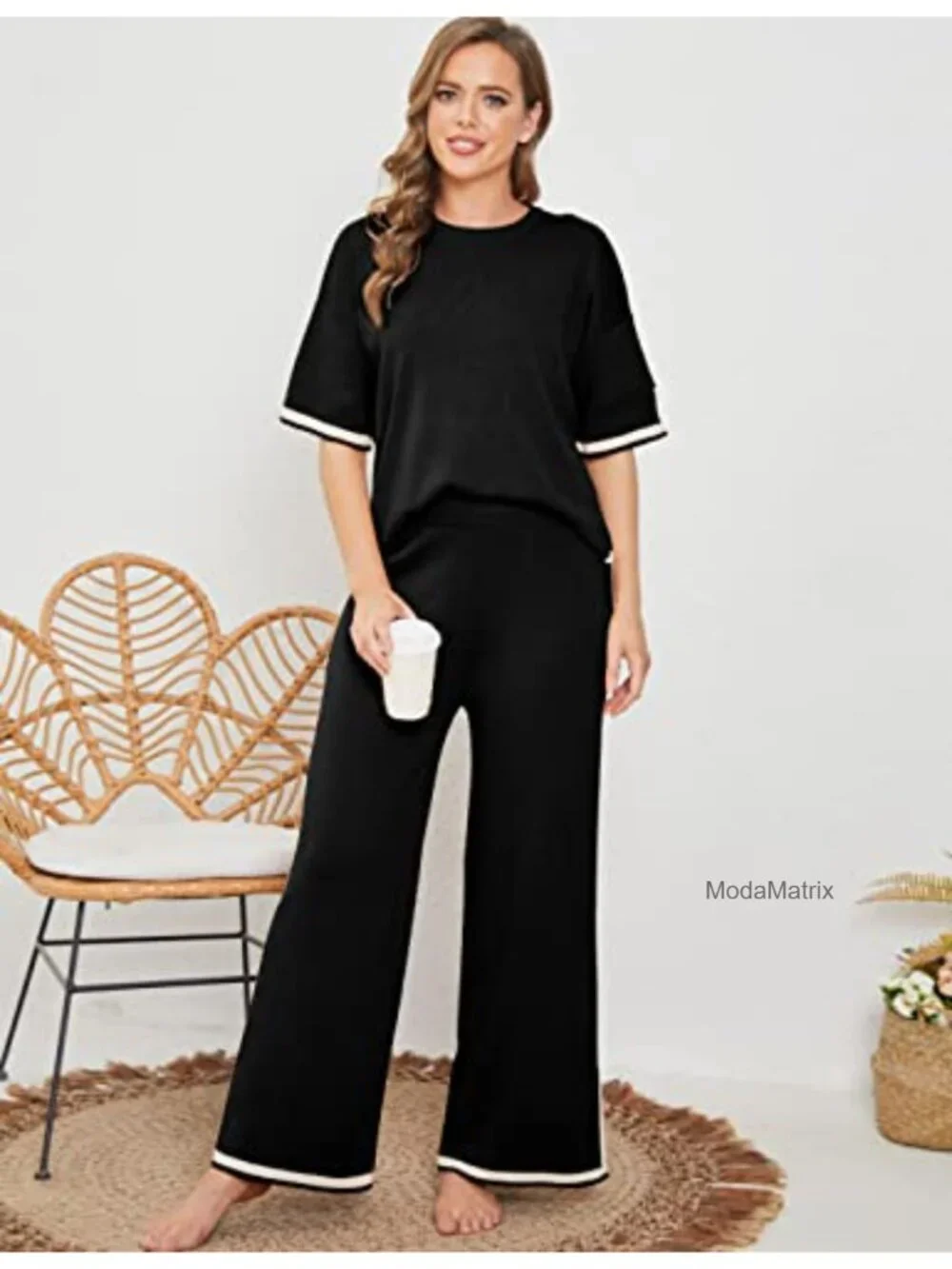 Knit 2 Piece Sweater Set Lounge Set Short Sleeve Pullover Wide Leg Pants